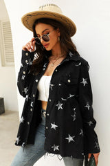 Collared Neck Star Print Long Sleeve Denim Jacket - Wellen Fashion