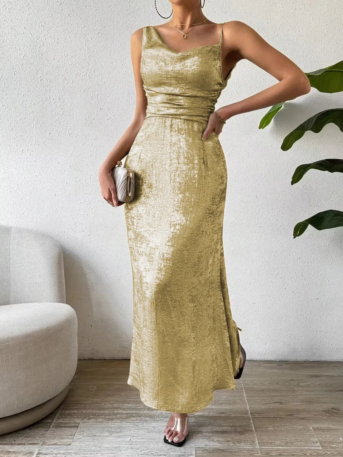 Honey Asymmetric Neck Sleeveless Midi Dress - Wellen Fashion