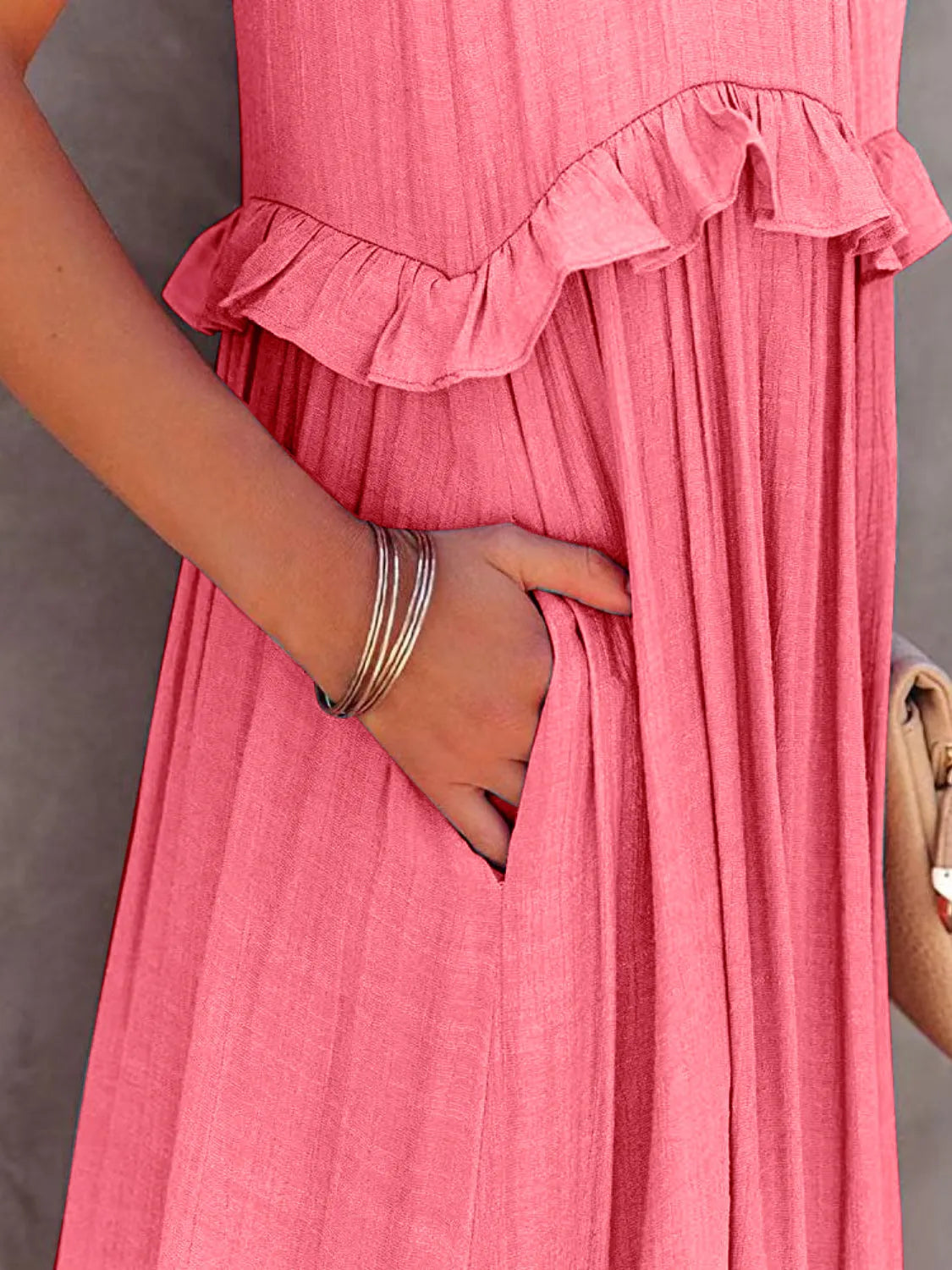 Ruffled Sleeveless Tiered Maxi Dress with Pockets - Wellen Fashion