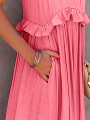 Ruffled Sleeveless Tiered Maxi Dress with Pockets - Wellen Fashion