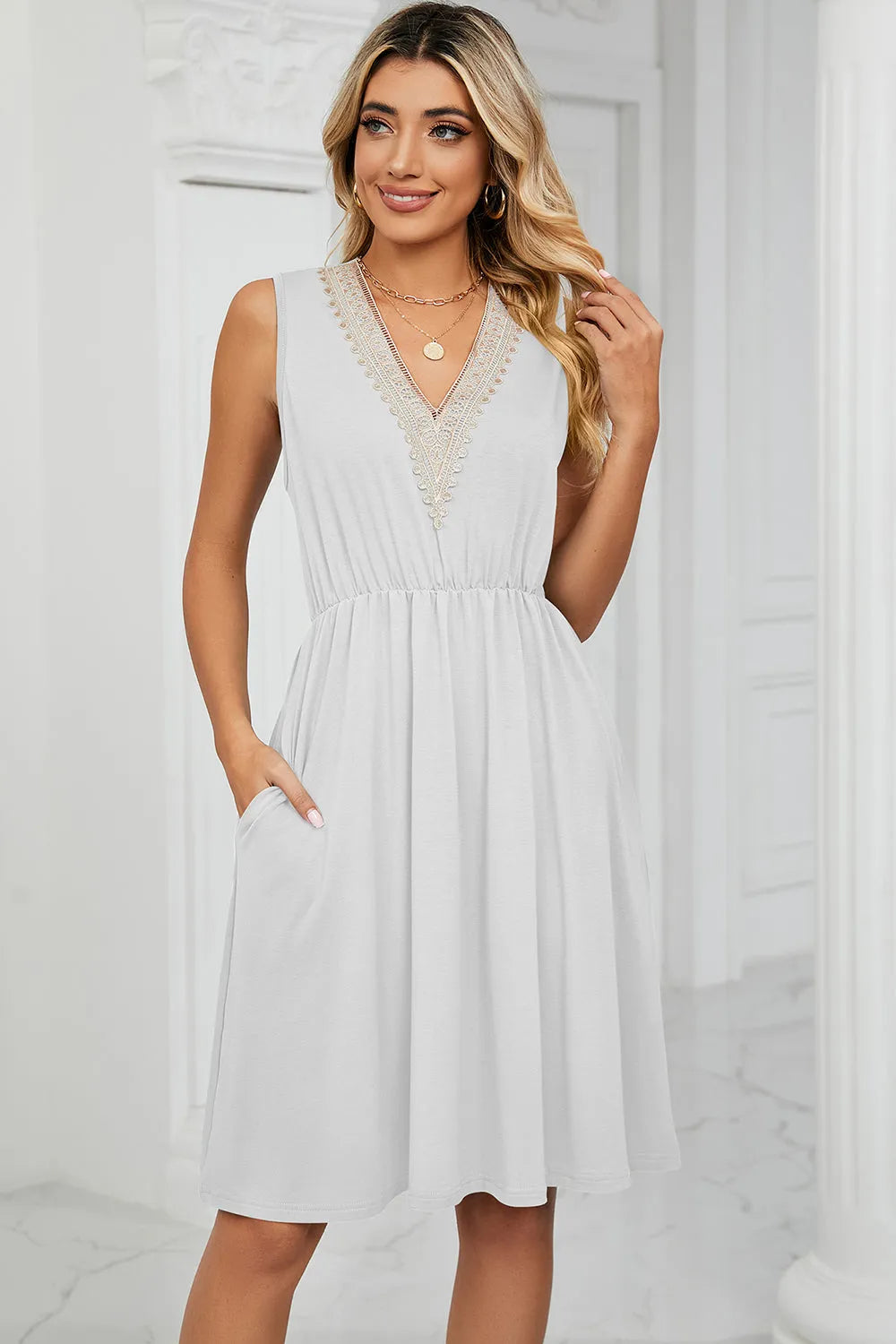 Pocketed V-Neck Wide Strap Dress - Wellen Fashion