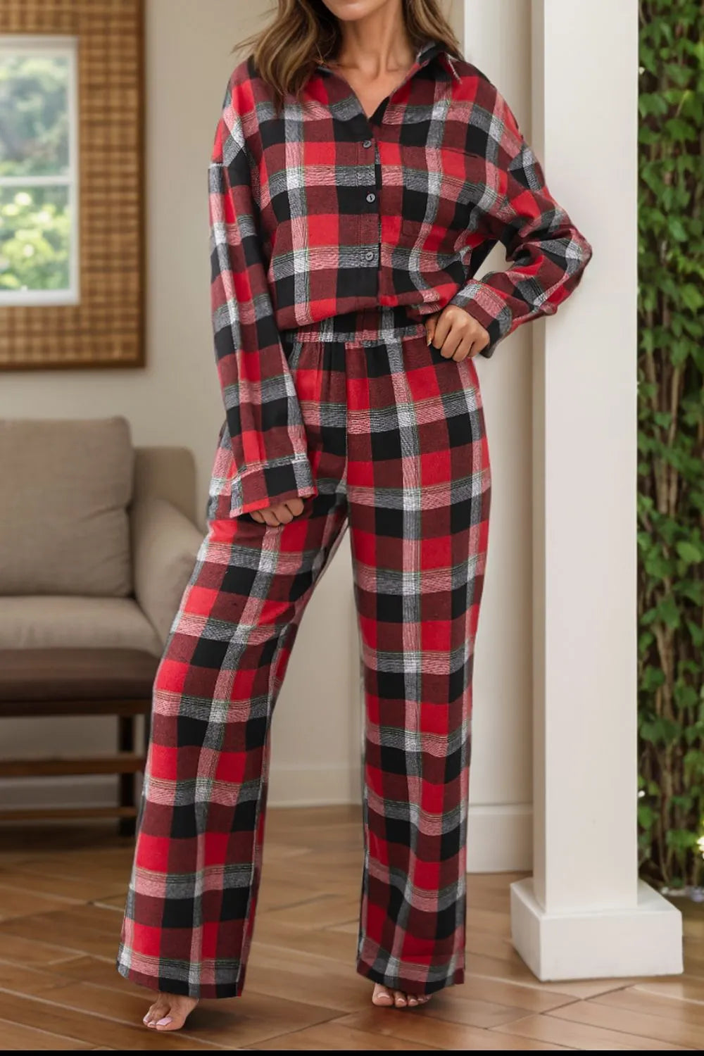 Plaid Long Sleeve Top and Pants Lounge Set - Wellen Fashion