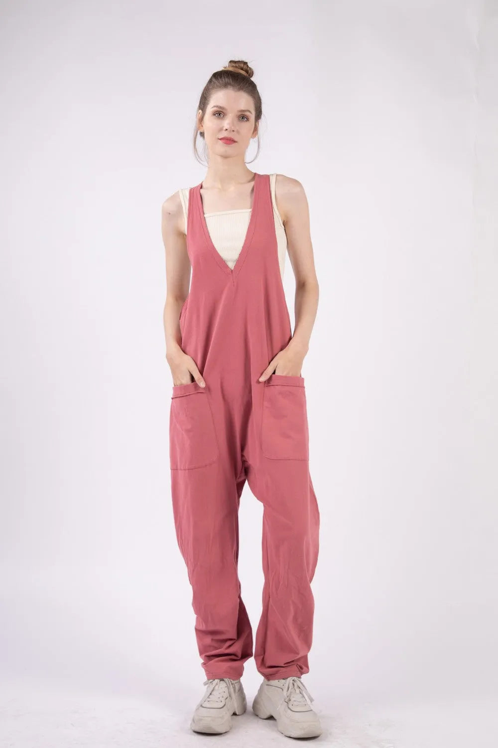 VERY J Plunge Sleeveless Jumpsuit with Pockets - Wellen Fashion