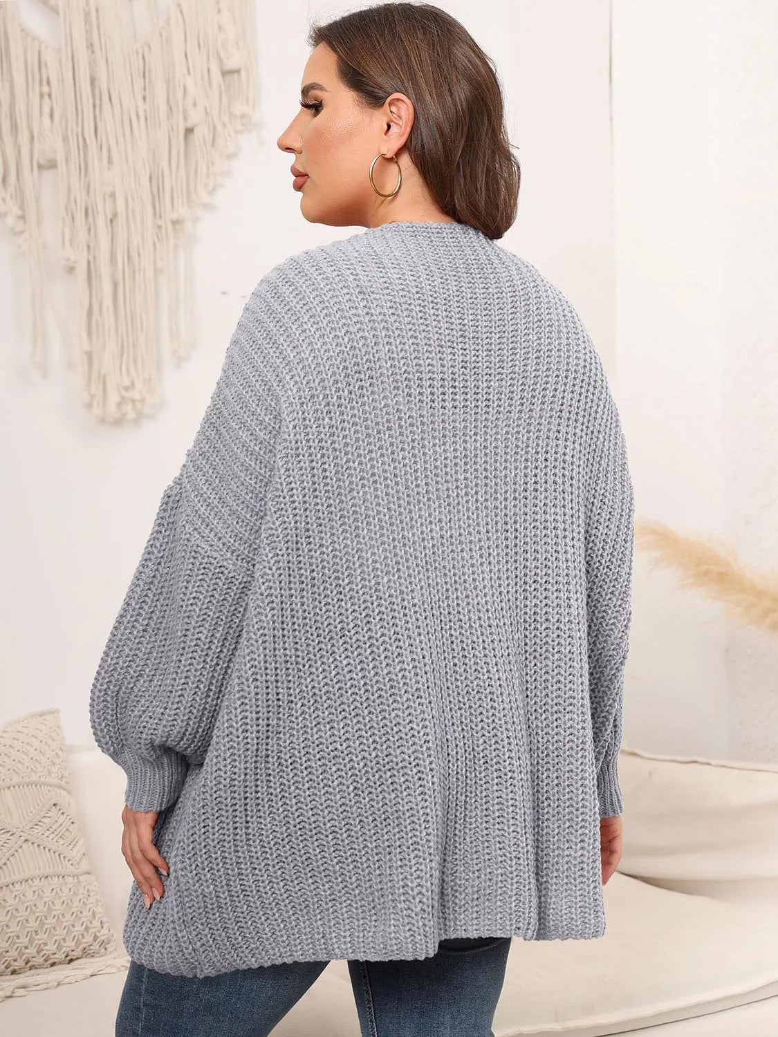 Plus Size Open Front Dropped Shoulder Knit Cardigan - Wellen Fashion