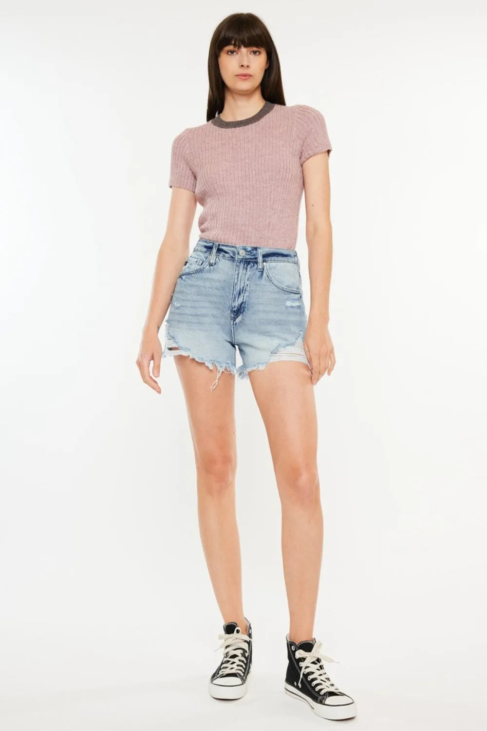 Kancan Distressed High Waist Denim Shorts with Pockets - Wellen Fashion