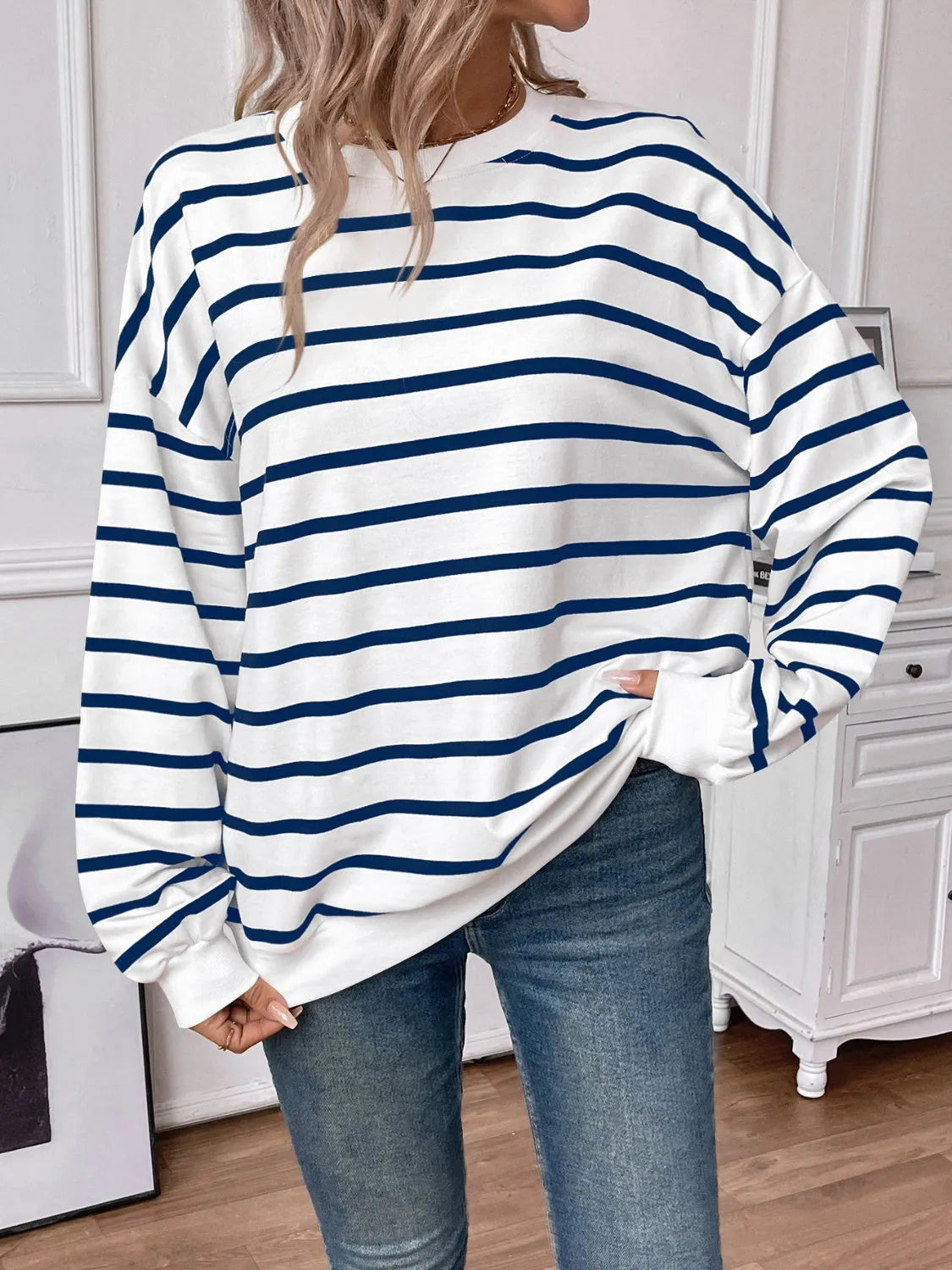 Lovelet Striped Round Neck Long Sleeve Sweatshirt - Wellen Fashion