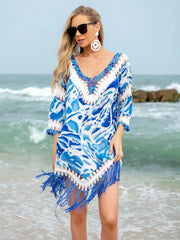 Cutout V-Neck Three-Quarter Sleeve Cover Up - Wellen Fashion