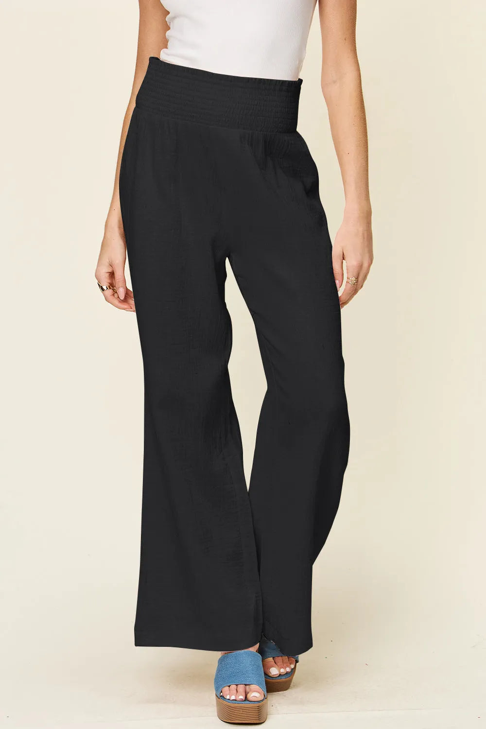 Double Take Full Size Texture Smocked Waist Wide Leg Pants - Wellen Fashion