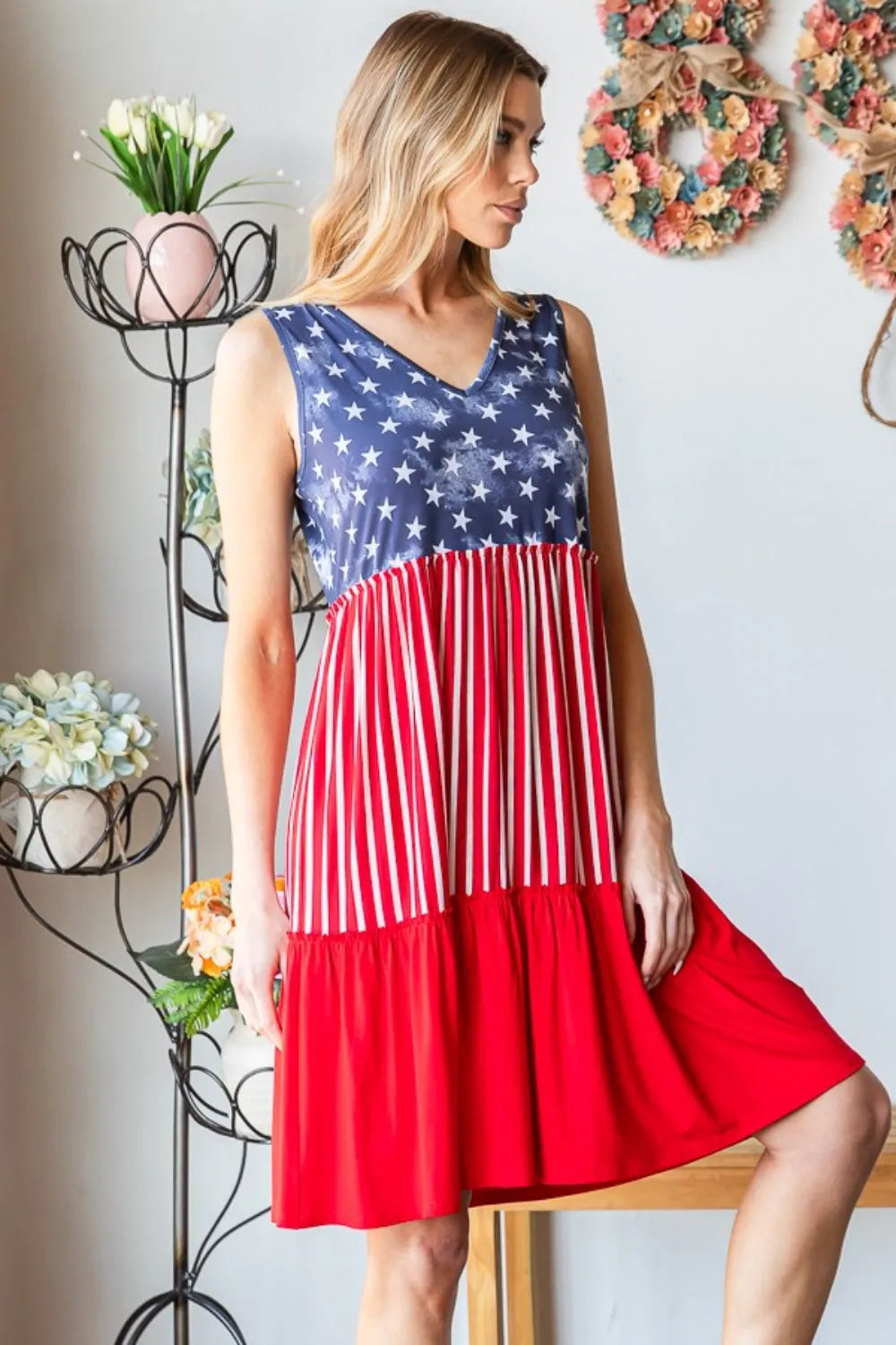 Heimish Full Size US Flag Theme Contrast Tank Dress - Wellen Fashion