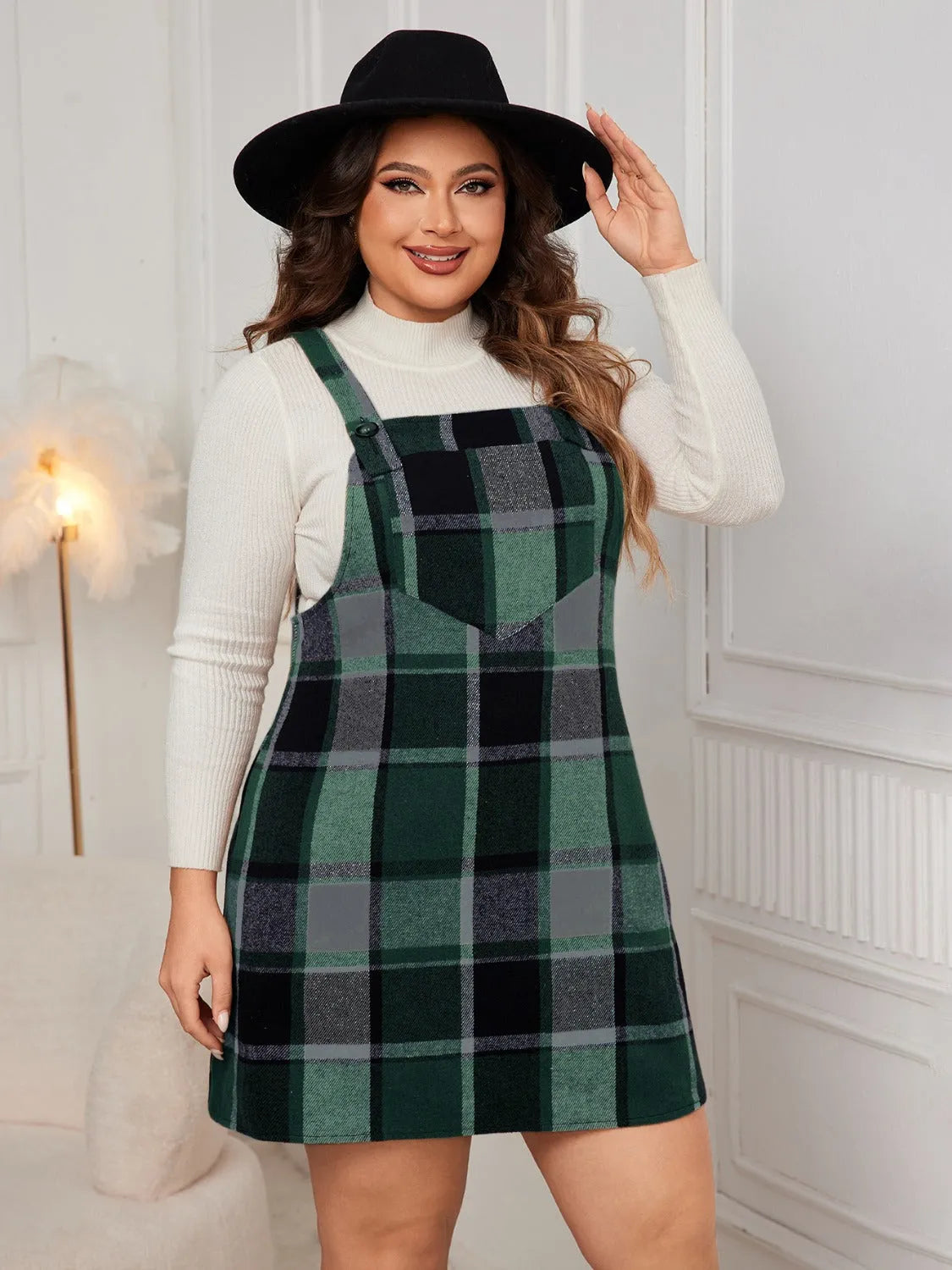 Honey Plus Size Plaid Wide Strap Overall Dress - Wellen Fashion