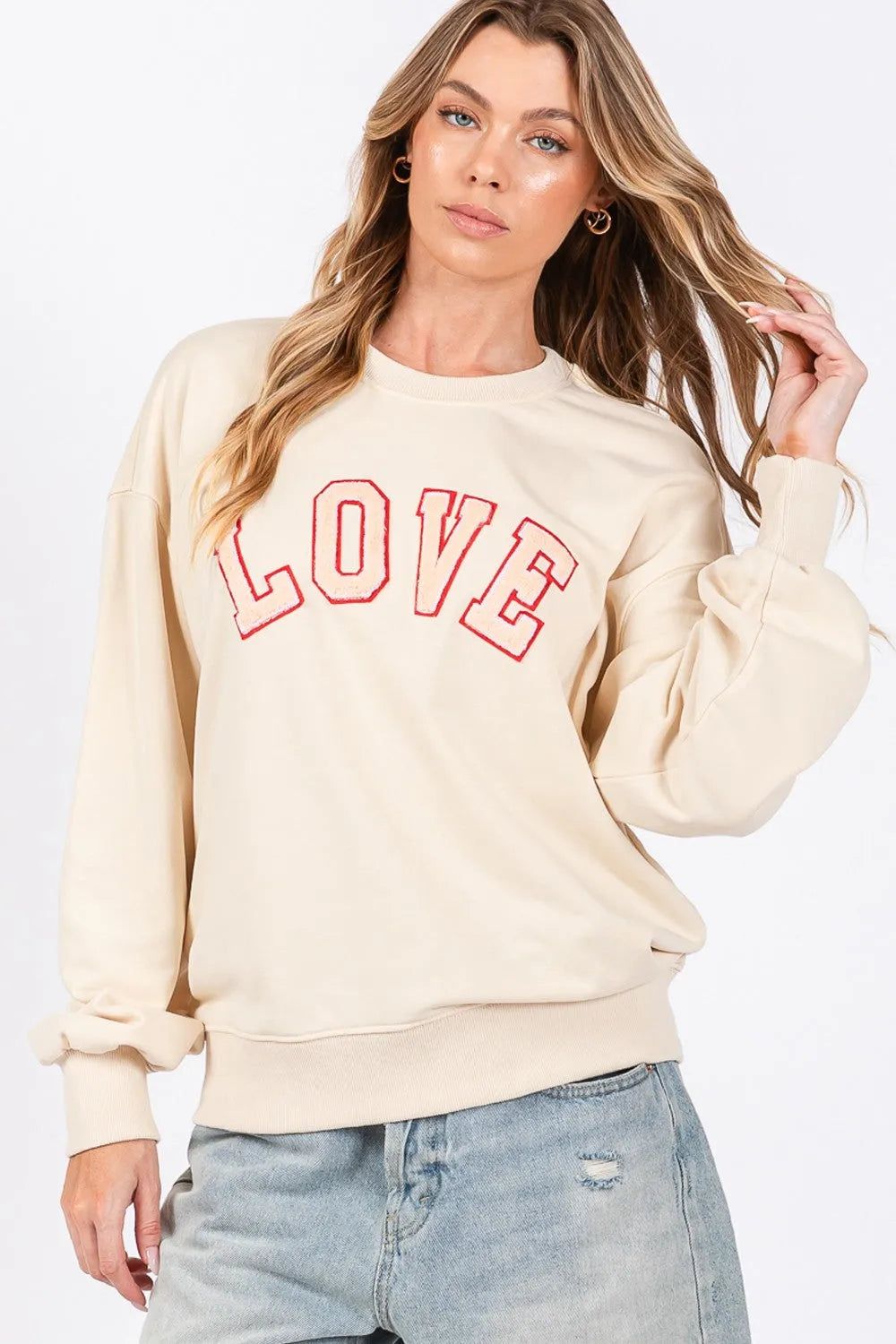 SAGE + FIG LOVE Path Applique Drop Shoulder Sweatshirt - Wellen Fashion