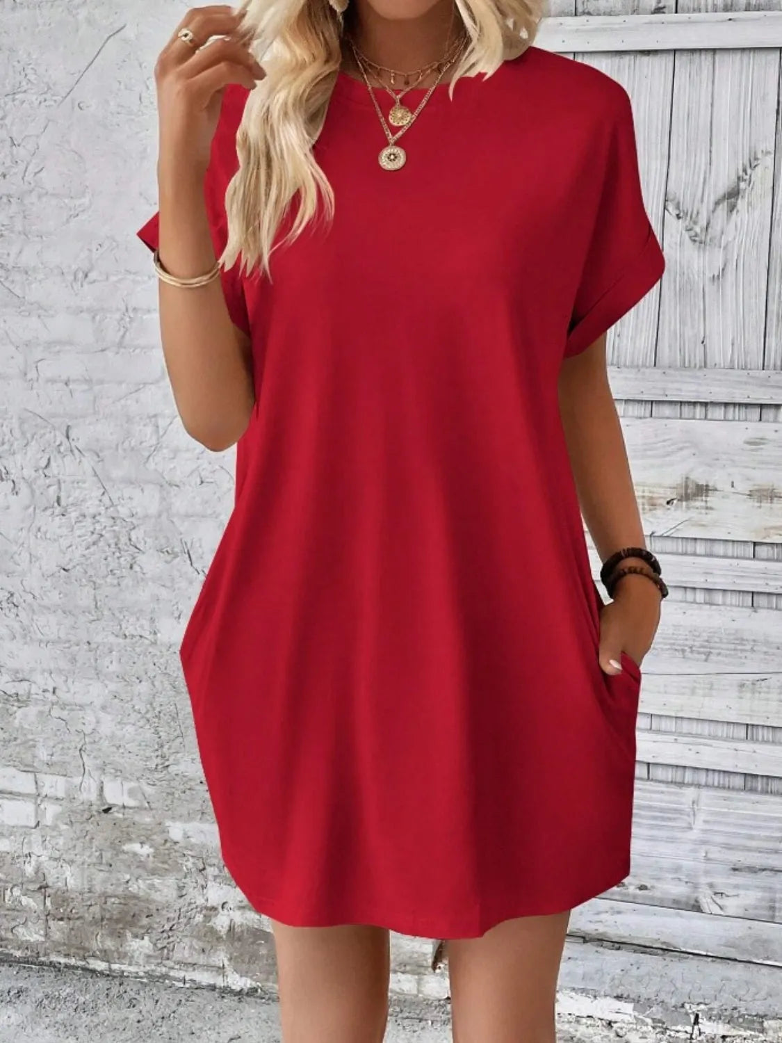 Pocketed Round Neck Short Sleeve Dress - Wellen Fashion