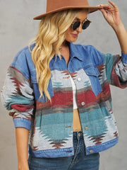 Geometric Button Up Dropped Shoulder Denim Jacket - Wellen Fashion