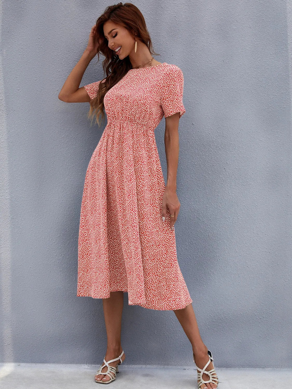 Printed Round Neck Short Sleeve Midi Dress - Wellen Fashion