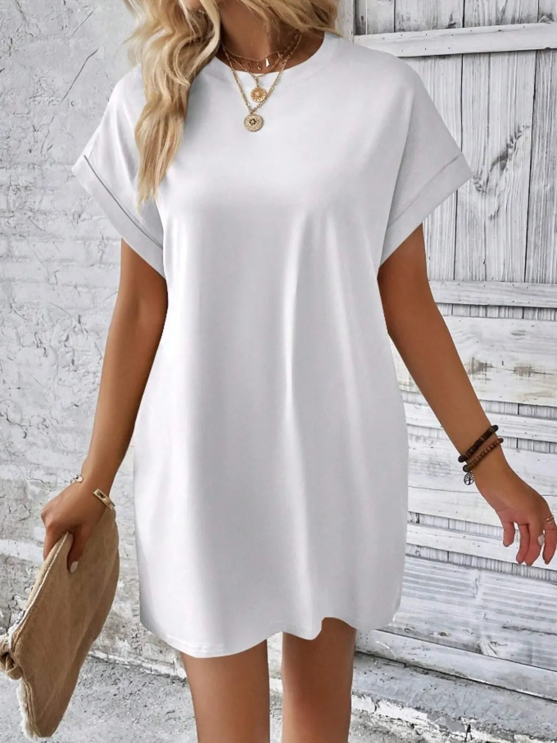 Pocketed Round Neck Short Sleeve Dress - Wellen Fashion