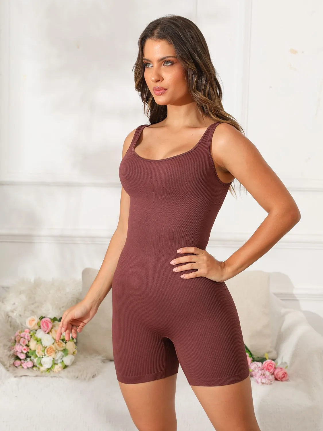 Scoop Neck Wide Strap Active Romper - Wellen Fashion