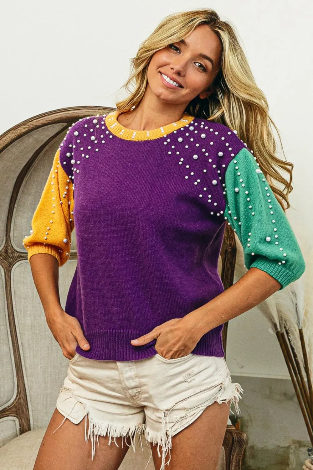 BiBi Color Block Pearl Detail Round Neck Sweater - Wellen Fashion