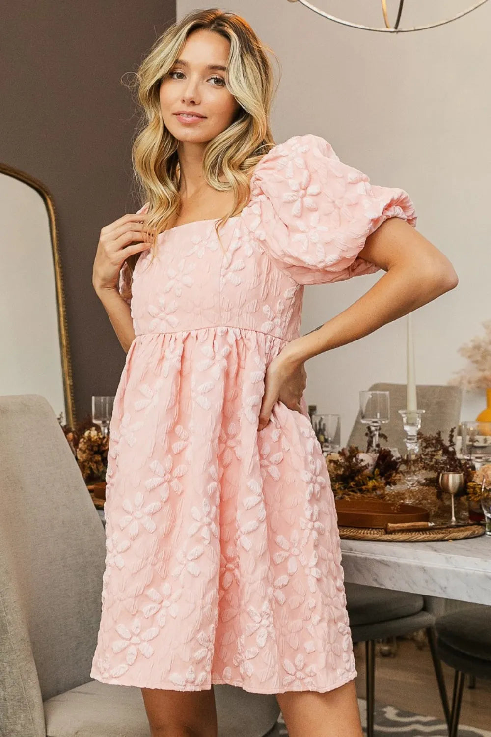 BiBi Flower Square Neck Puff Sleeve Dress - Wellen Fashion