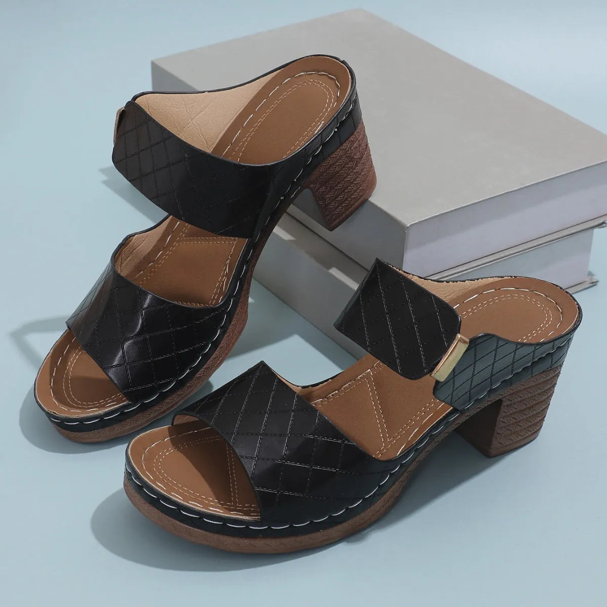 PU Leather Block Heel Sandals - Wellen Fashion