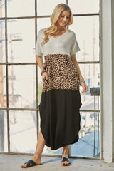 Celeste Full Size Leopard Color Block Short Sleeve Slit Maxi Dress with Pockets - Wellen Fashion