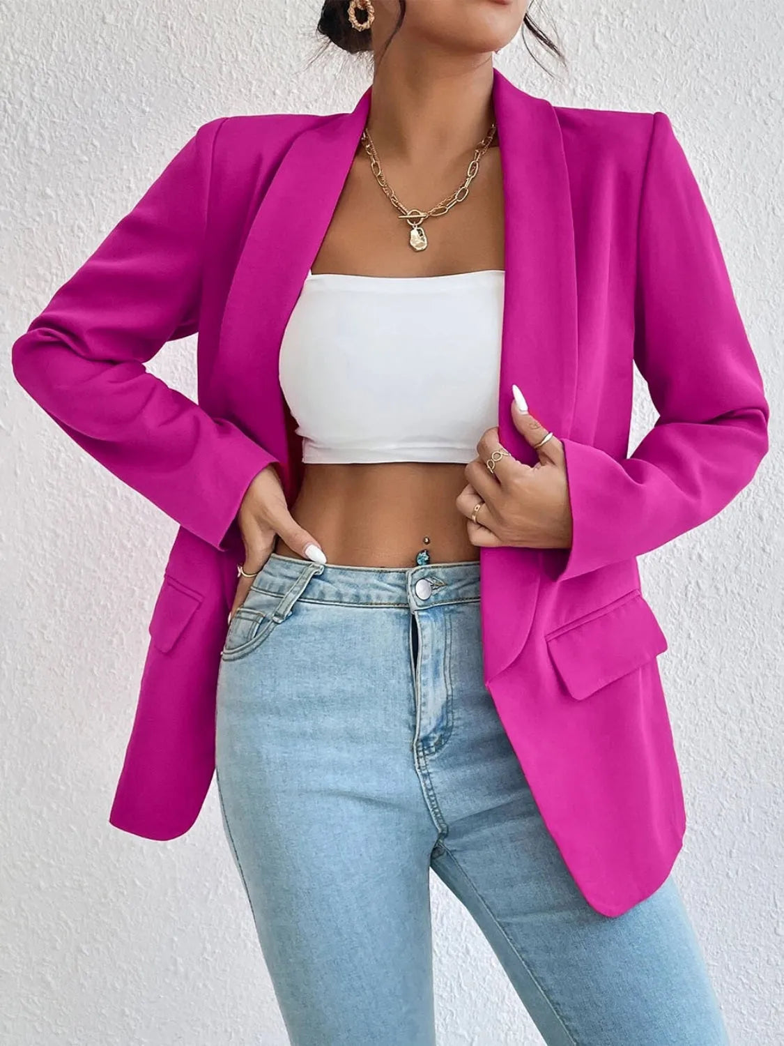 Shawl Collar Long Sleeve Blazer - Wellen Fashion