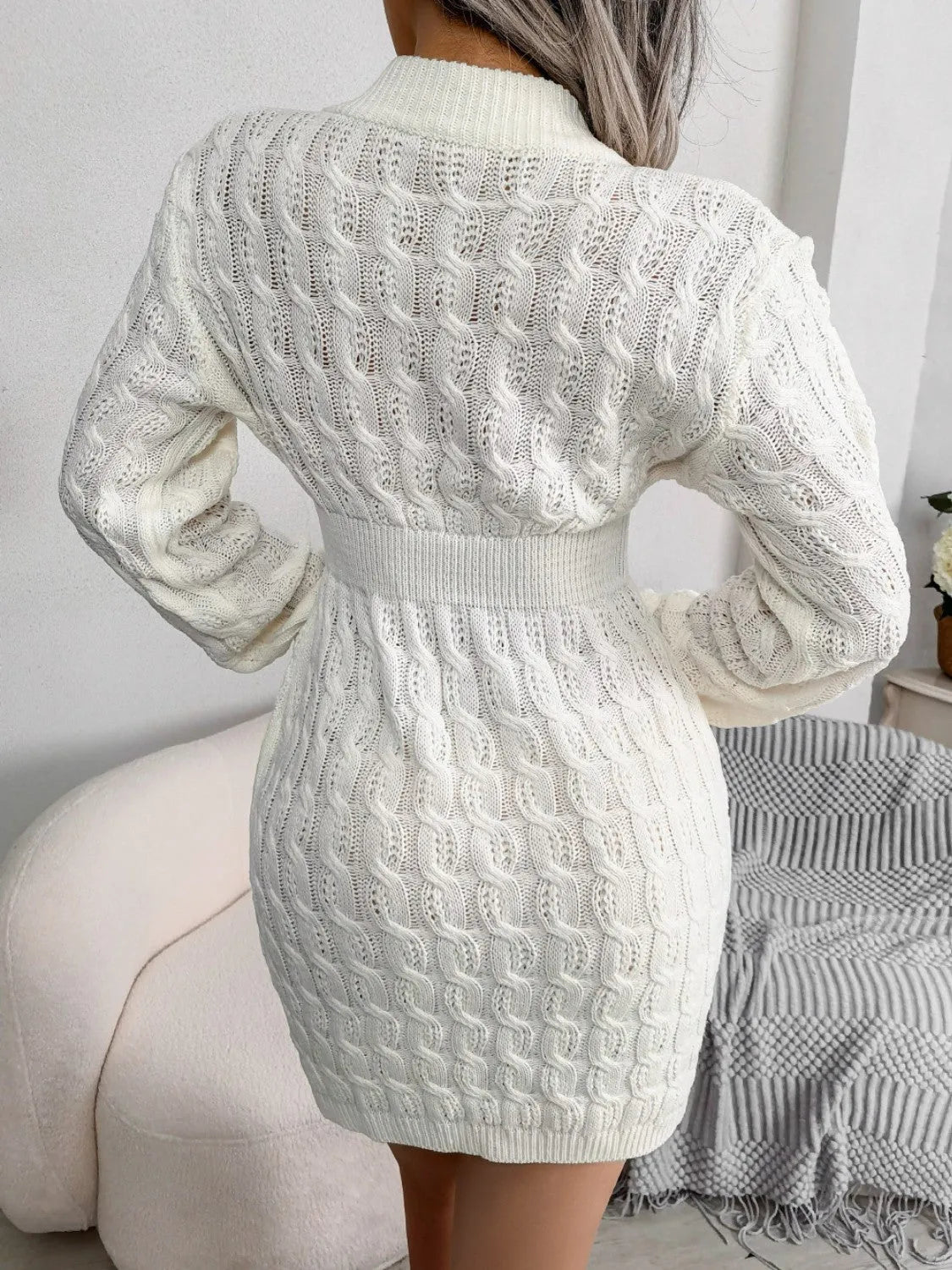 Cable-Knit Round Neck Mini Wrap Sweater Dress - Wellen Fashion