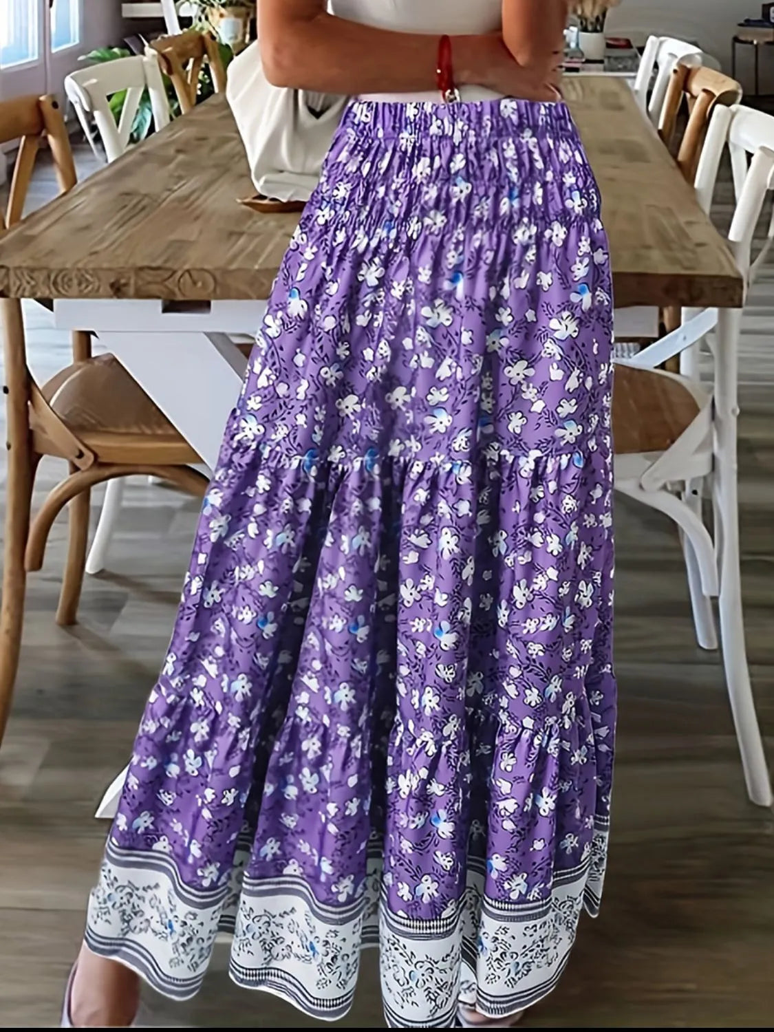 Full Size Tiered Printed Elastic Waist Skirt - Wellen Fashion