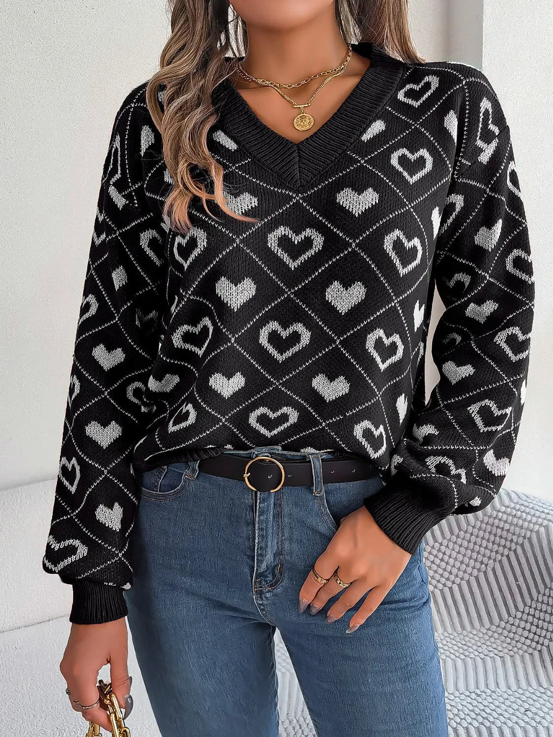 Heart Pattern V-Neck Long Sleeve Sweater - Wellen Fashion