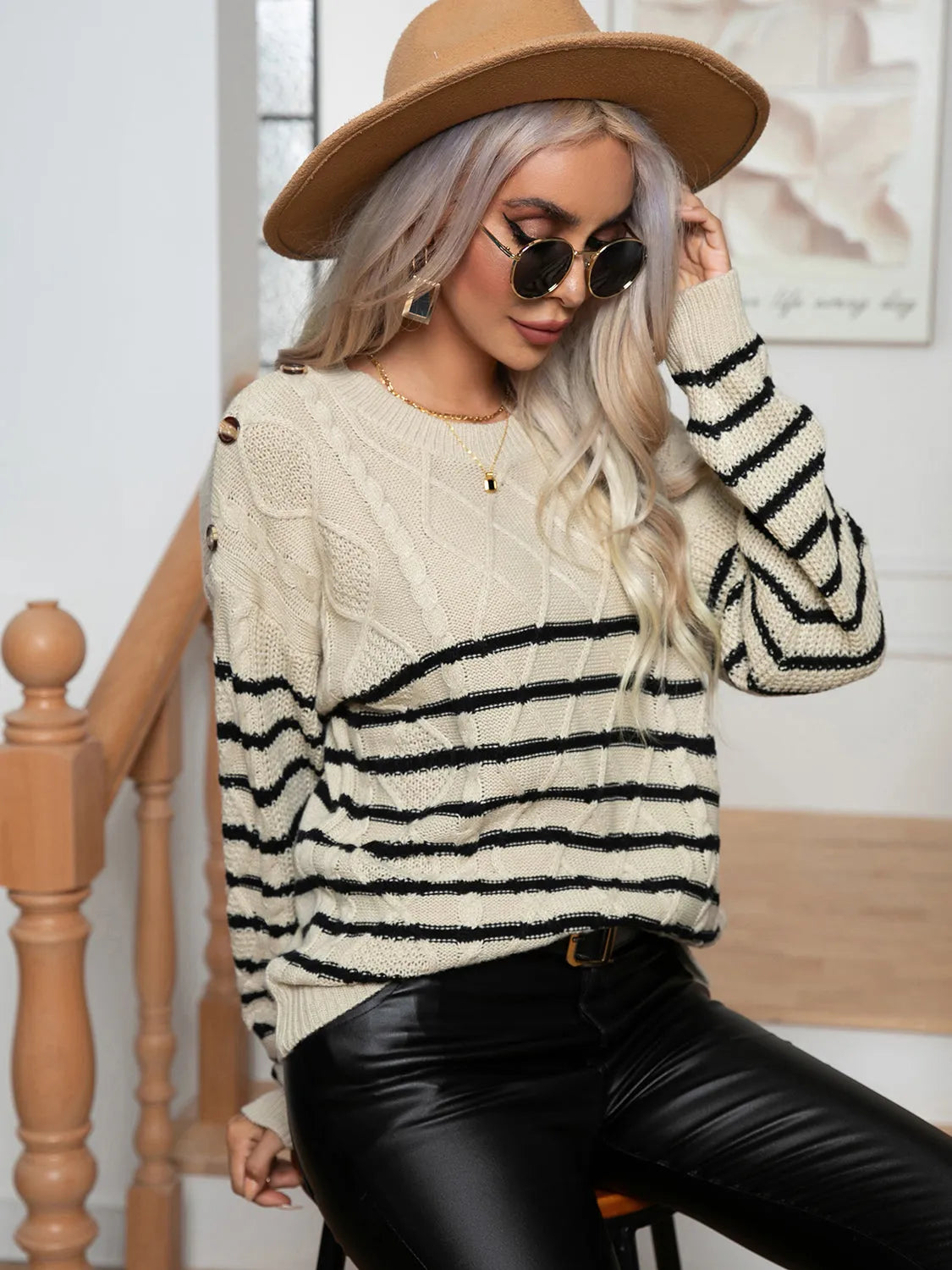 Striped Round Neck Cable-Knit Sweater - Wellen Fashion