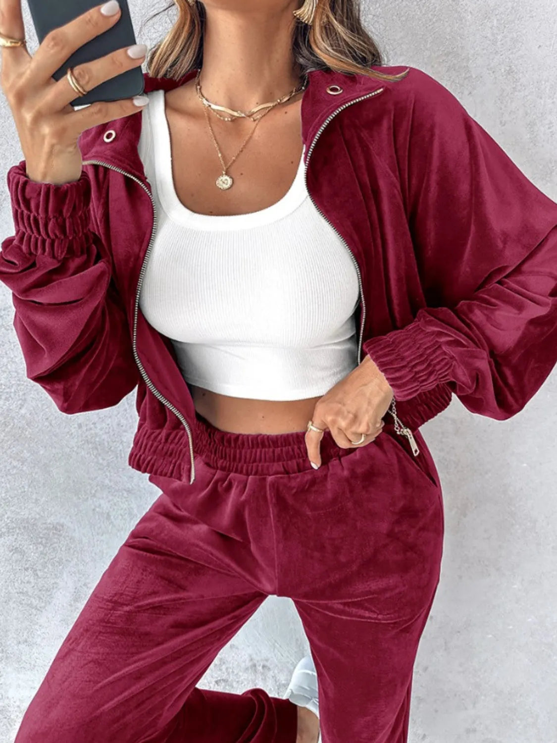 Zip Up Long Sleeve Cropped Top and Joggers Set - Wellen Fashion