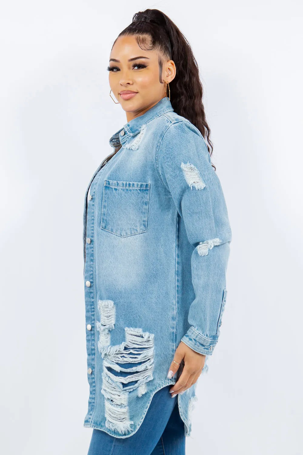 American Bazi Distressed Button Up Long Sleeve Denim Jacket - Wellen Fashion