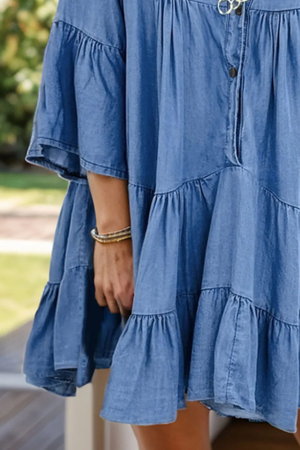 Notched Flare Sleeve Denim Dress - Wellen Fashion