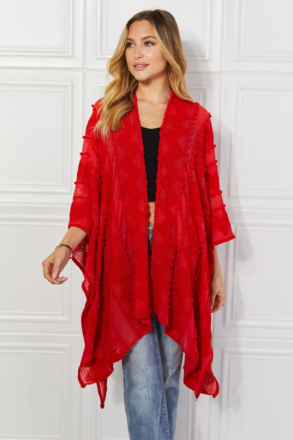 Justin Taylor Pom-Pom Asymmetrical Poncho Cardigan in Red - Wellen Fashion