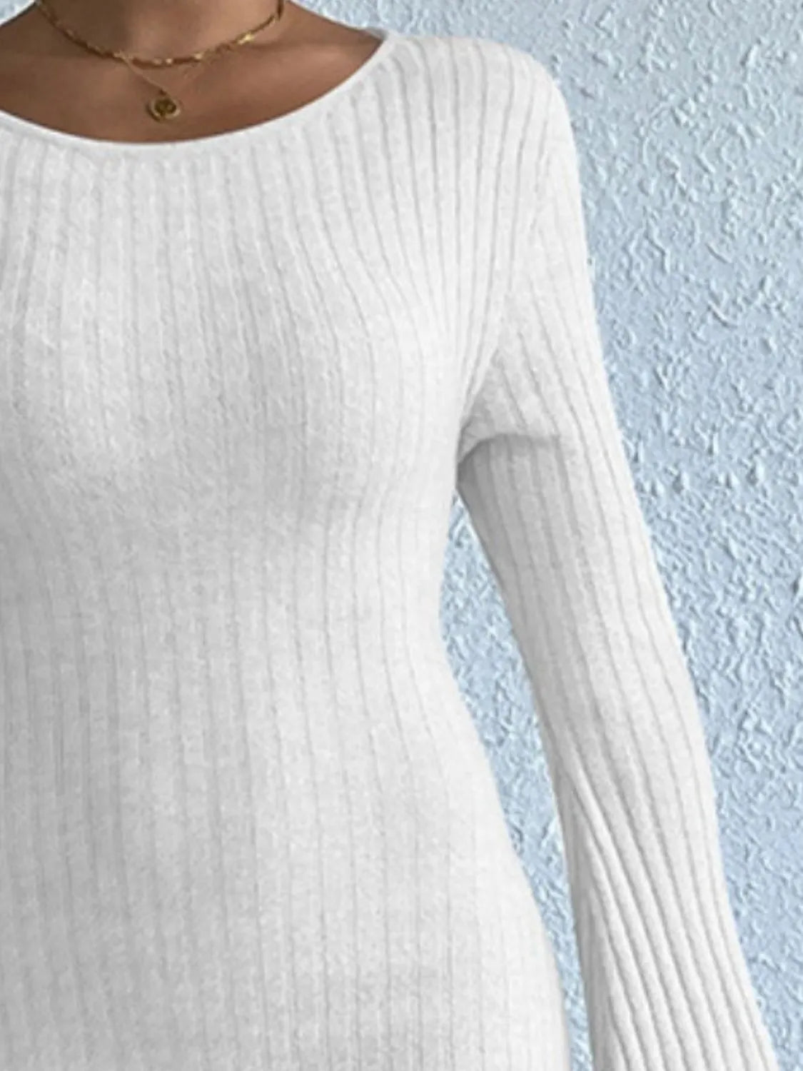 Backless Round Neck Long Sleeve Sweater Dress - Wellen Fashion