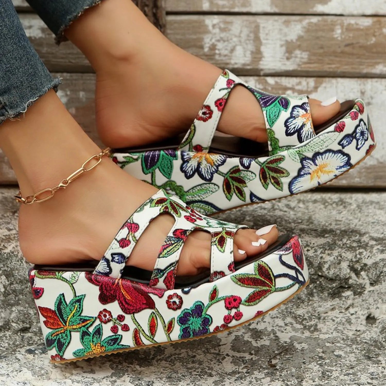 Cutout Floral Peep Toe Sandals - Wellen Fashion