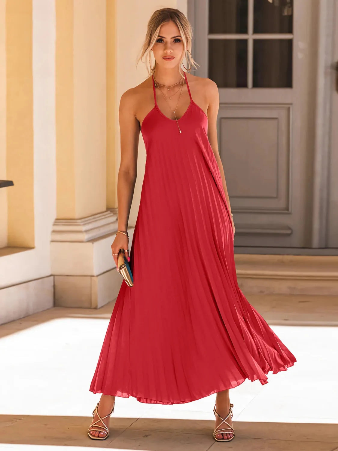 Backless Pleated Halter Neck Dress - Wellen Fashion