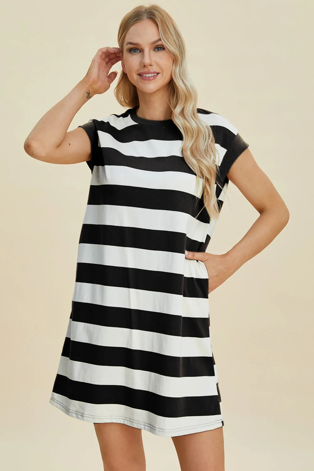 Basic Bae Full Size Striped Round Neck Cap Sleeve Mini Dress - Wellen Fashion