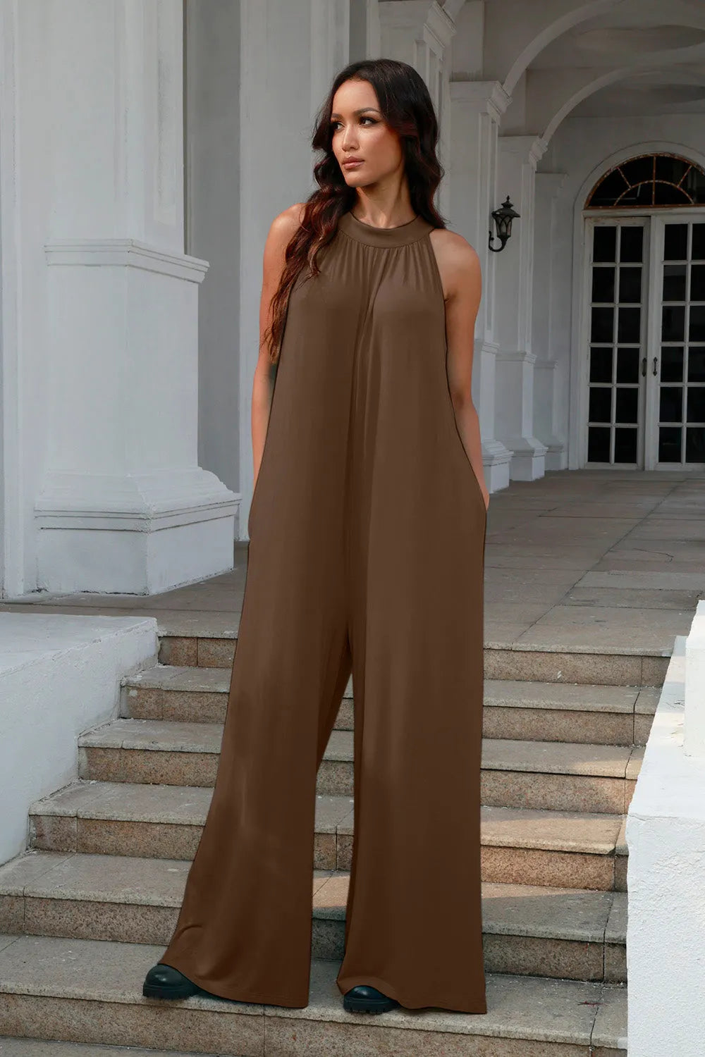 Double Take Full Size Tie Back Cutout Sleeveless Jumpsuit - Wellen Fashion