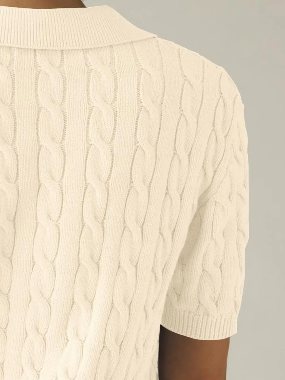 Cable-Knit Collared Neck Half Sleeve Sweater - Wellen Fashion