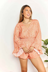 Double Take Printed Flare Sleeve Surplice Romper - Wellen Fashion