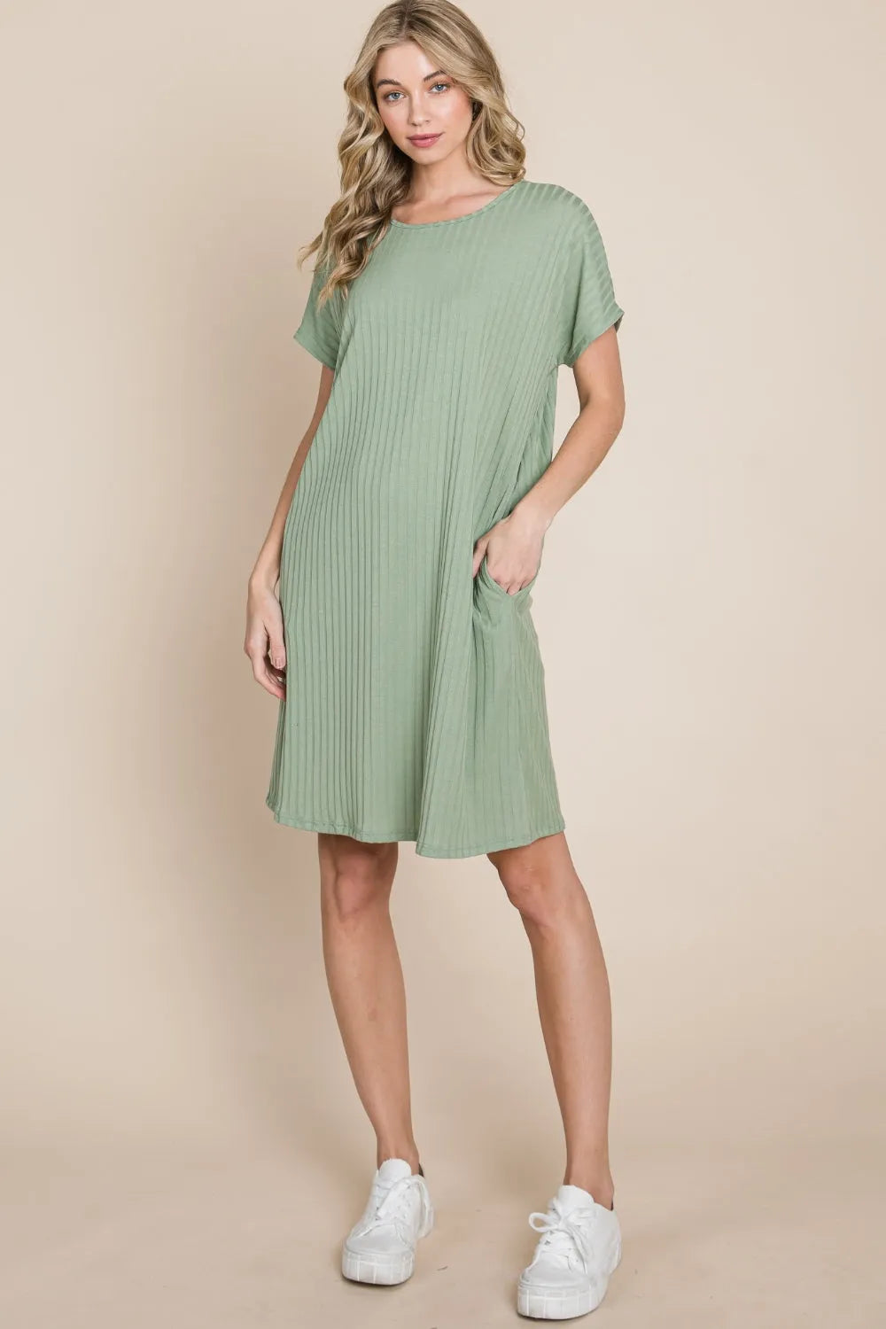 BOMBOM Ribbed Round Neck Short Sleeve Dress - Wellen Fashion