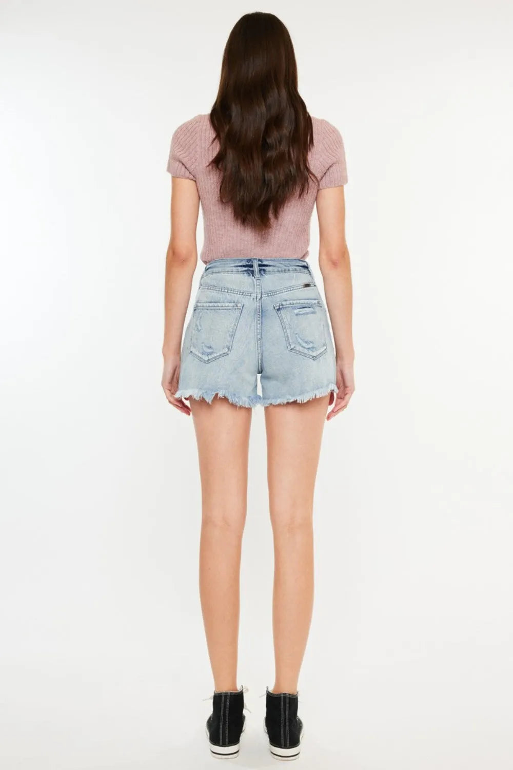 Kancan Distressed High Waist Denim Shorts with Pockets - Wellen Fashion