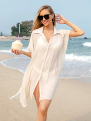 Slit Button Up Short Sleeve Cover Up - Wellen Fashion