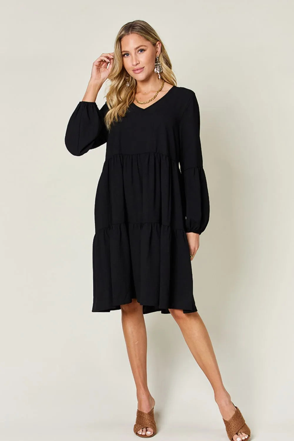 Double Take Full Size V-Neck Balloon Sleeve Tiered Dress with Pockets - Wellen Fashion