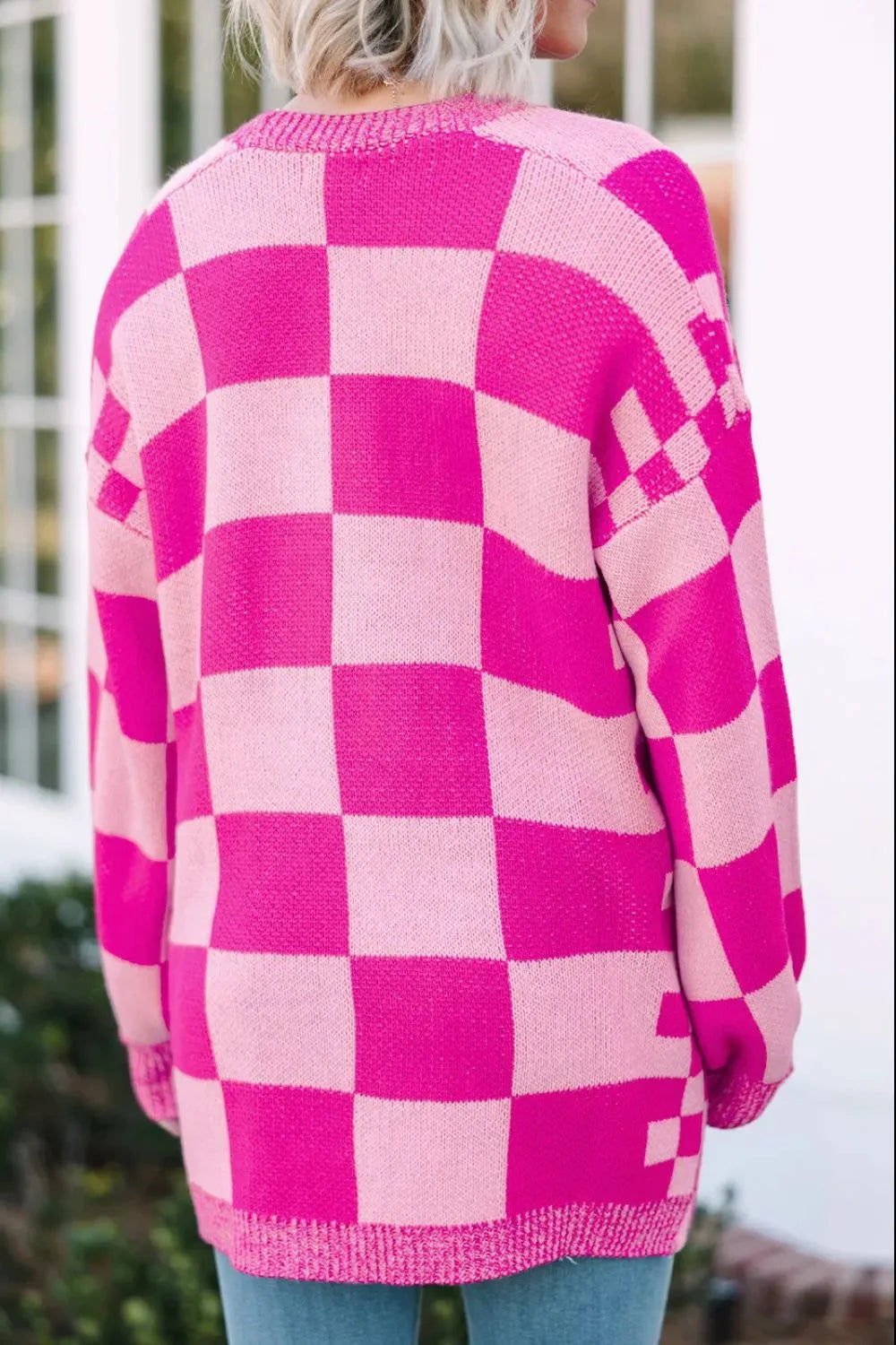 Checkered Open Front Long Sleeve Cardigan - Wellen Fashion