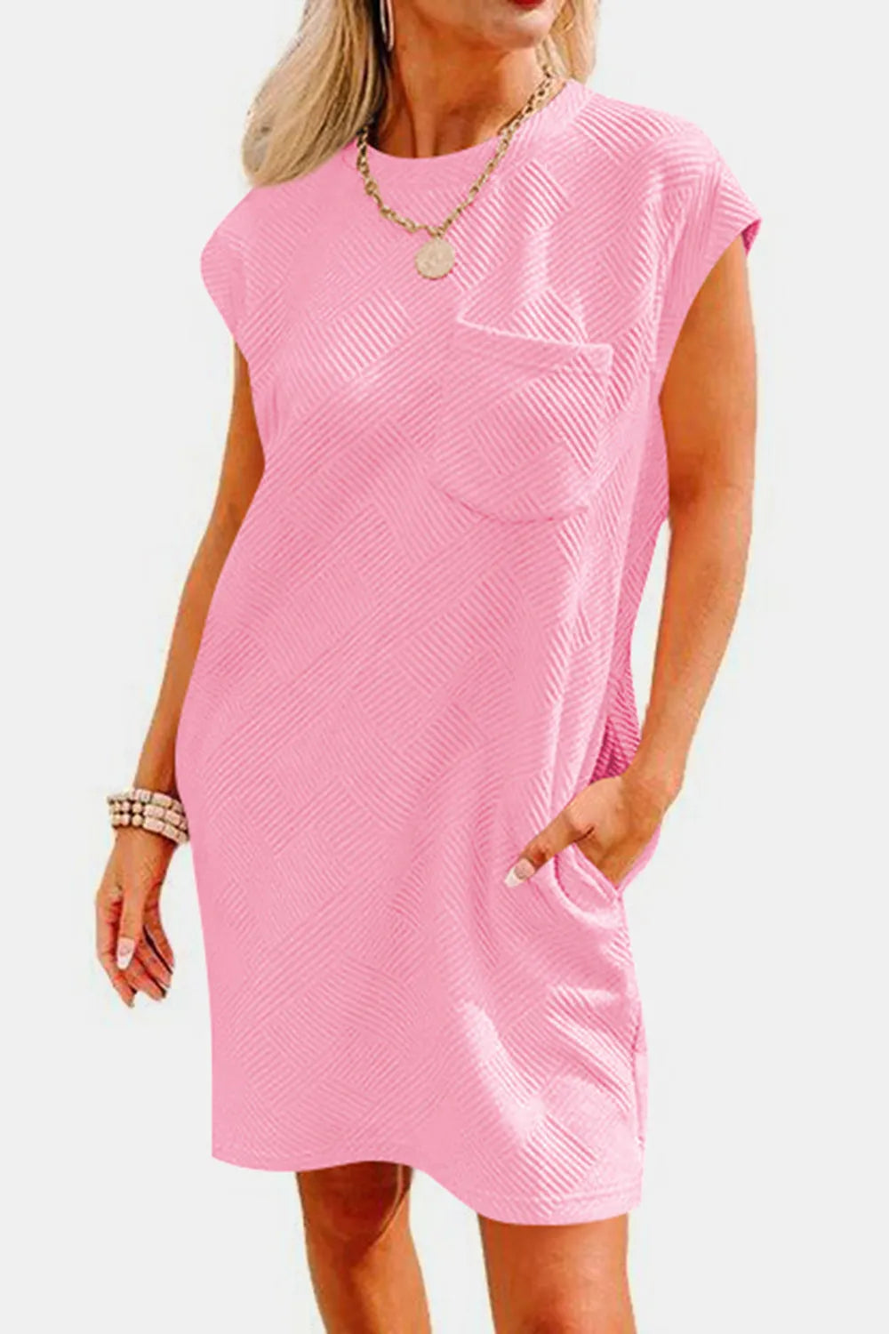 Textured Round Neck Cap Sleeve Dress - Wellen Fashion