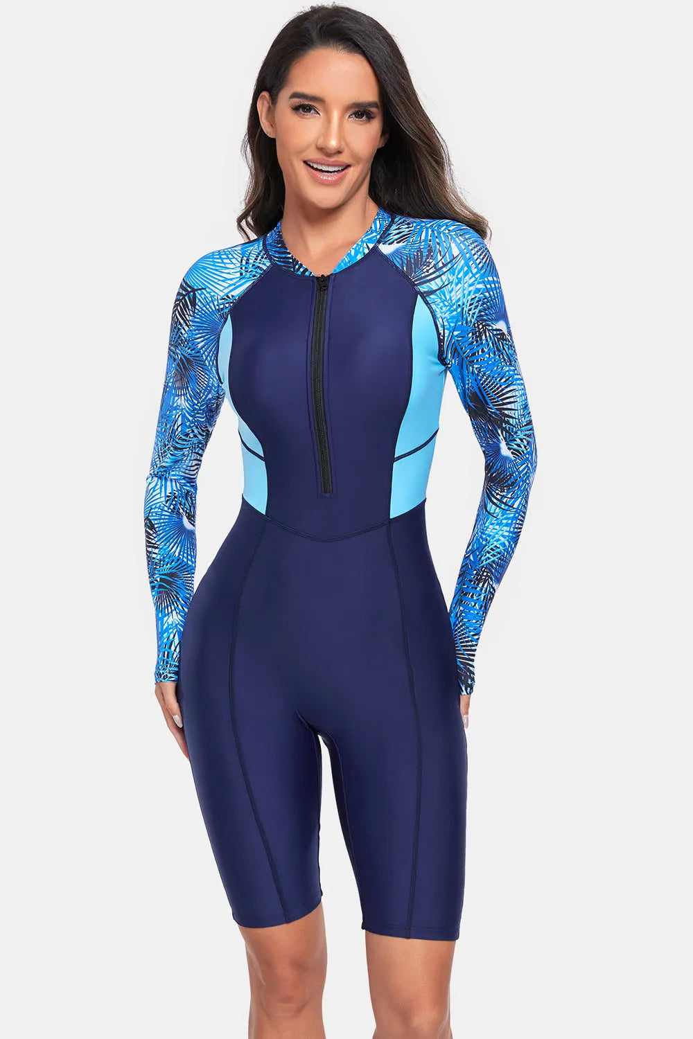 Printed Half Zip Long Sleeve One-Piece Swimwear - Wellen Fashion