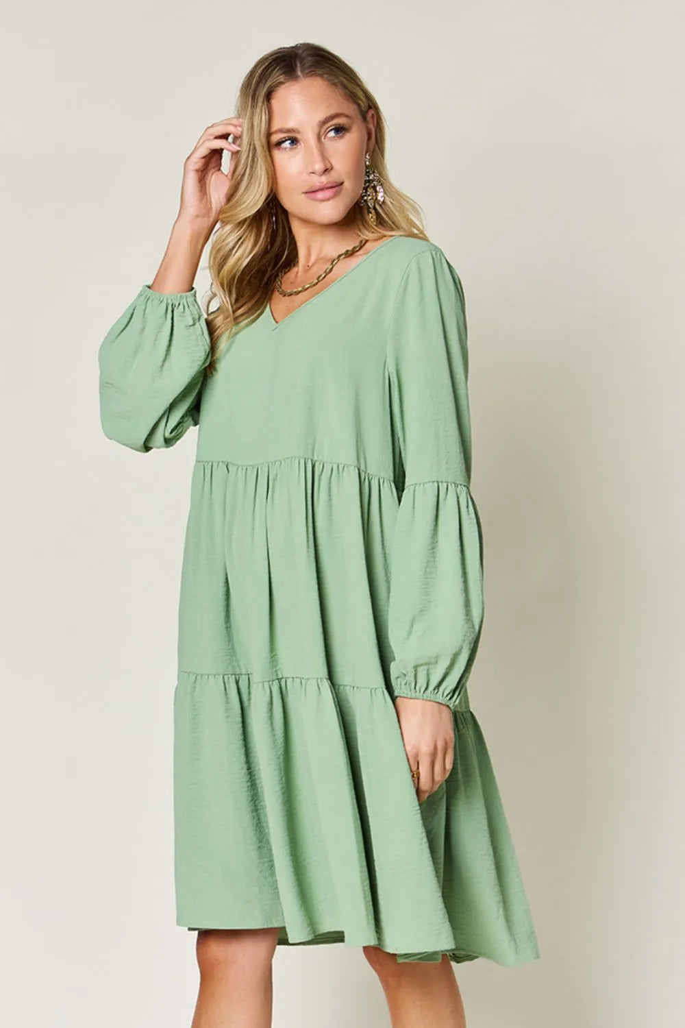 Double Take Full Size V-Neck Balloon Sleeve Tiered Dress with Pockets - Wellen Fashion