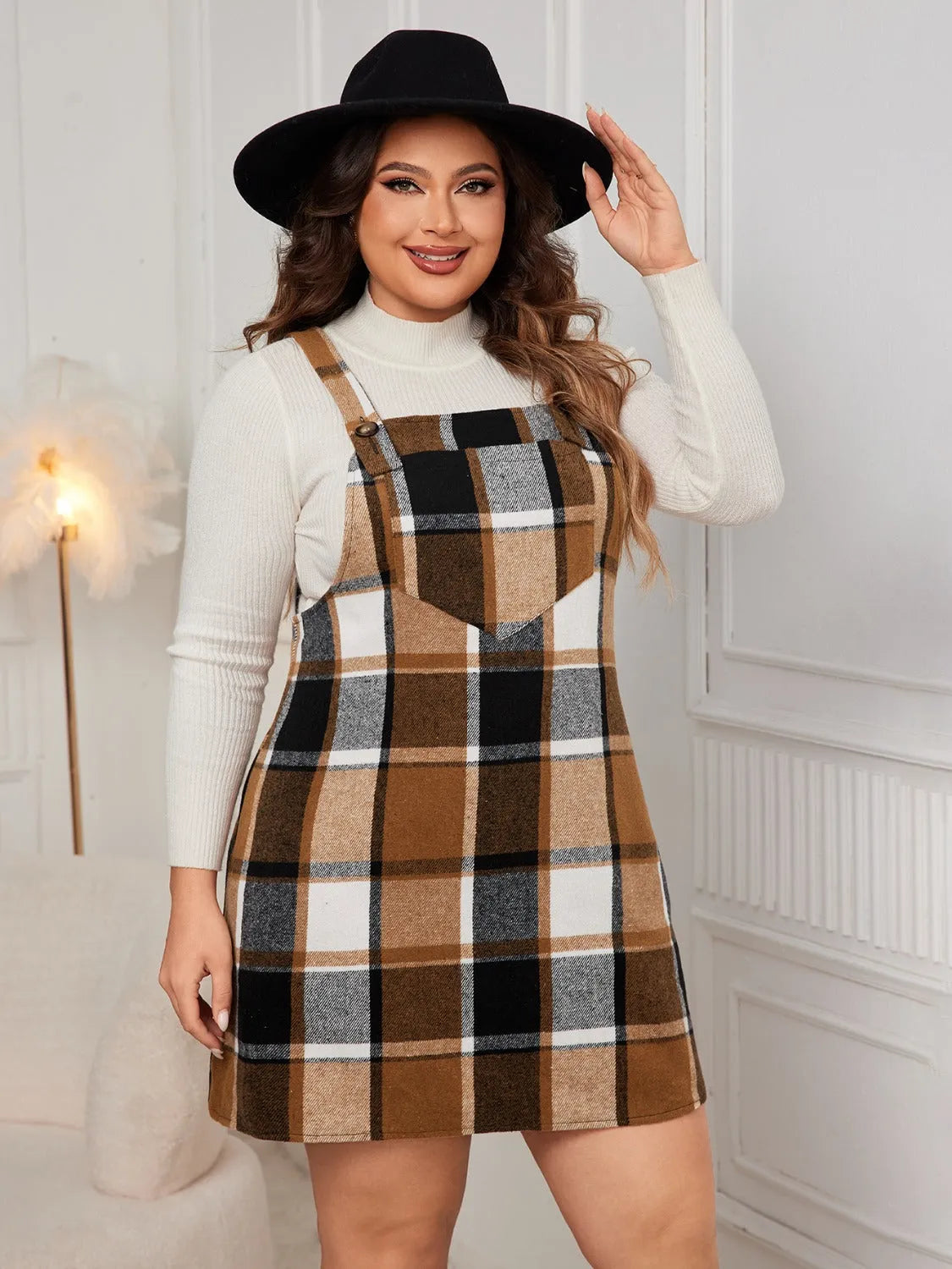 Honey Plus Size Plaid Wide Strap Overall Dress - Wellen Fashion