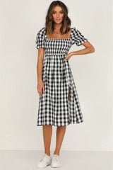 Full Size Slit Plaid Short Sleeve Midi Dress - Wellen Fashion